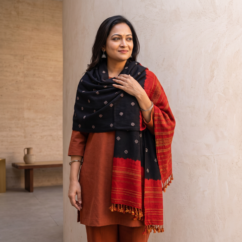 Black Kutch Bandhani Tie-Dye Handwoven Merino Wool Shawl, worn by a model, AI visual of the shawl, iTokri