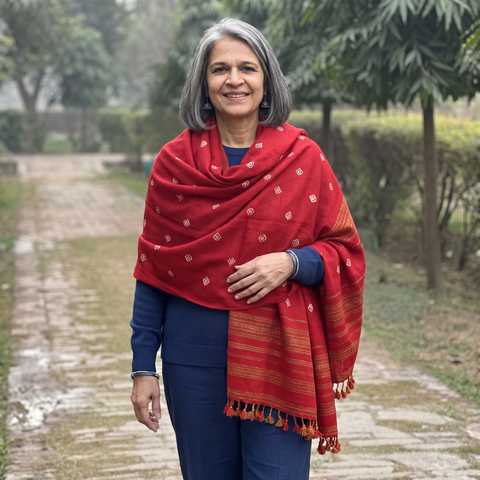 Red Kutch Bandhani Tie-Dye Handwoven Merino Wool Shawl, worn by a model, AI visual of the shawl, iTokri