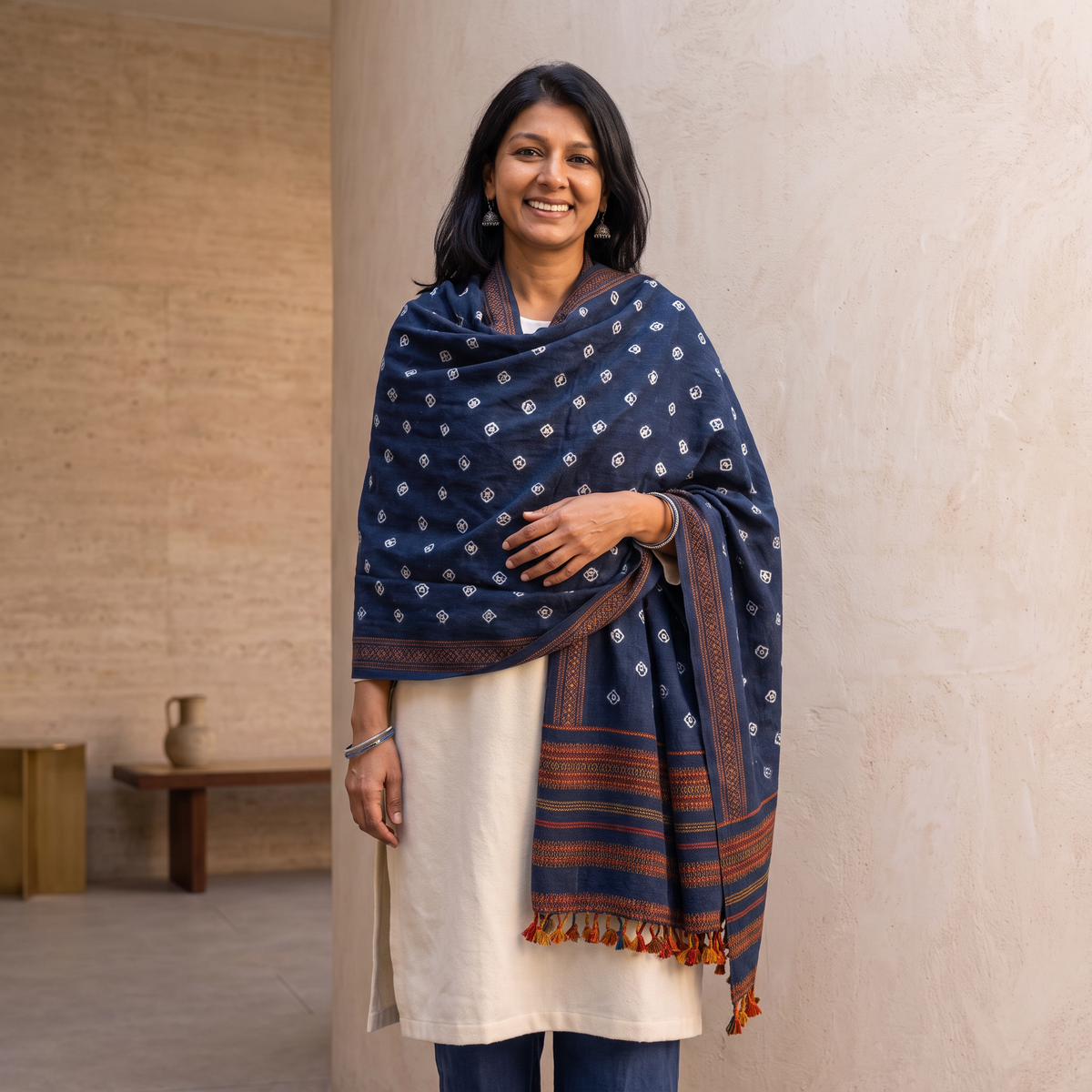 Blue Kutch Bandhani Tie-Dye Handwoven Merino Wool Shawl, worn by a model, AI visual of the shawl, iTokri
