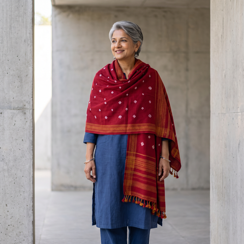 Red Kutch Bandhani Tie-Dye Handwoven Merino Wool Shawl, worn by a model, AI visual of the shawl, iTokri