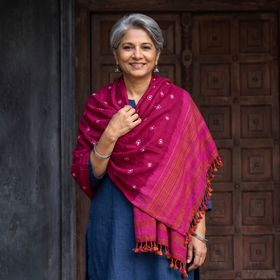 Pink Kutch Bandhani Tie-Dye Handwoven Merino Wool Shawl, worn by a model, AI visual of the shawl, iTokri