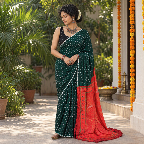 Green Kutch Bandhani tie-dye Modal silk Pichwai printing saree, draped and worn by a woman, AI visual of the saree, iTokri