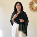 Green Kutch Bhujodi Handwoven Acrylic Wool Shawl, worn by a model, AI visual of the shawl, iTokri