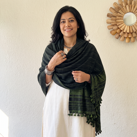 Green Kutch Bhujodi Handwoven Acrylic Wool Shawl, worn by a model, AI visual of the shawl, iTokri