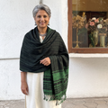 Green Kutch Bhujodi Handwoven Acrylic Wool Shawl, worn by a model, AI visual of the shawl, iTokri