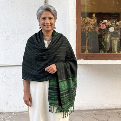 Green Kutch Bhujodi Handwoven Acrylic Wool Shawl, worn by a model, AI visual of the shawl, iTokri