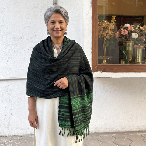 Green Kutch Bhujodi Handwoven Acrylic Wool Shawl, worn by a model, AI visual of the shawl, iTokri