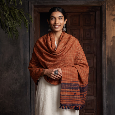 Orange Kutch Bhujodi Handwoven Acrylic Wool Shawl, worn by a model, AI visual of the shawl, iTokri