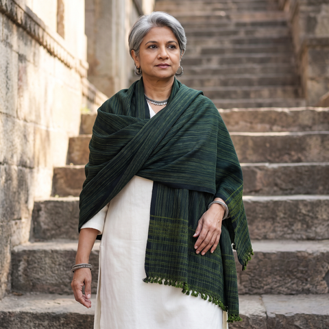 Green Kutch Bhujodi Handwoven Acrylic Wool Shawl, worn by a model, AI visual of the shawl, iTokri