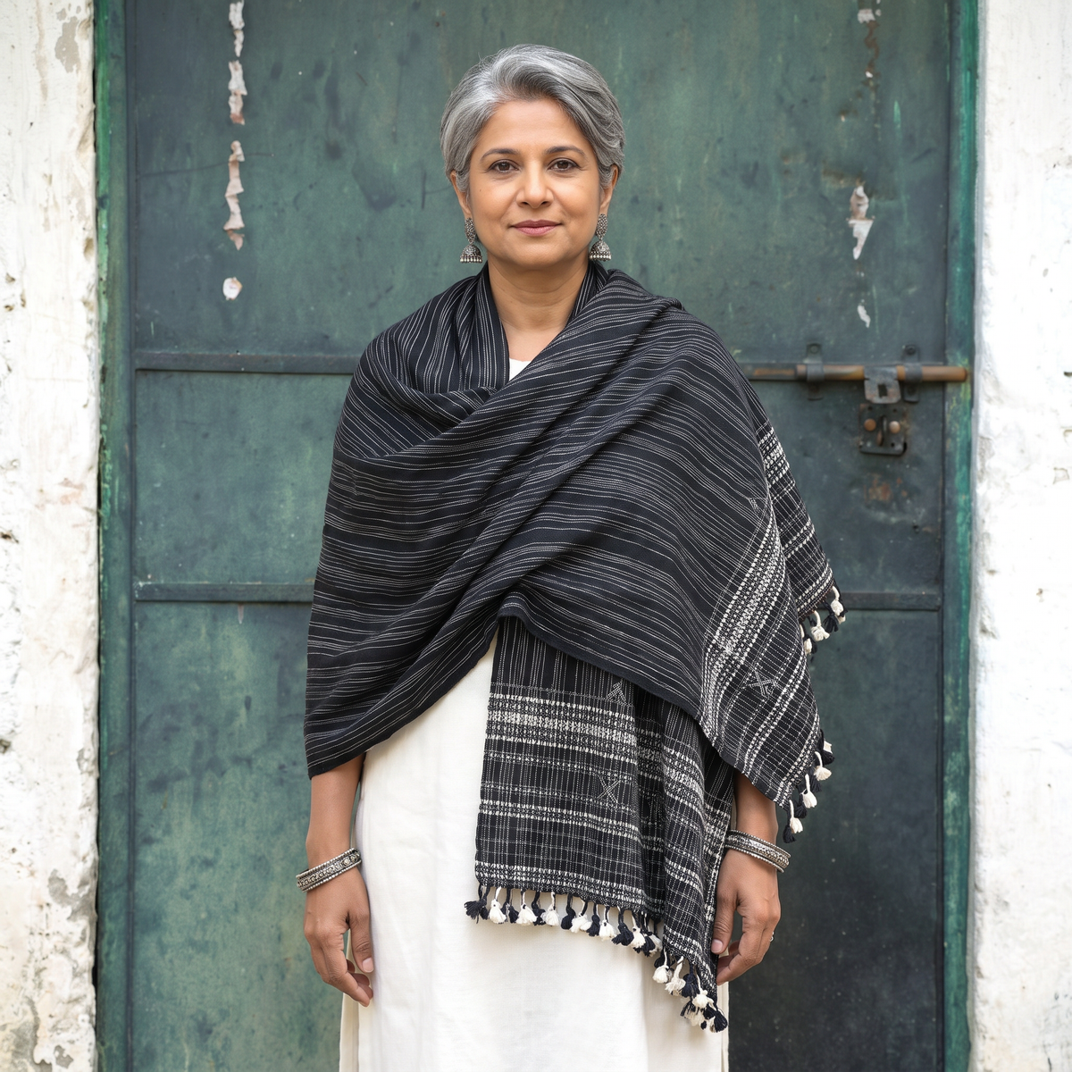 Black Kutch Bhujodi Handwoven Merino Wool Shawl, worn by a model, AI visual of the shawl, iTokri