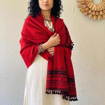 Red Kutch Bhujodi Handwoven Merino Wool Shawl, worn by a model, AI visual of the shawl, iTokri