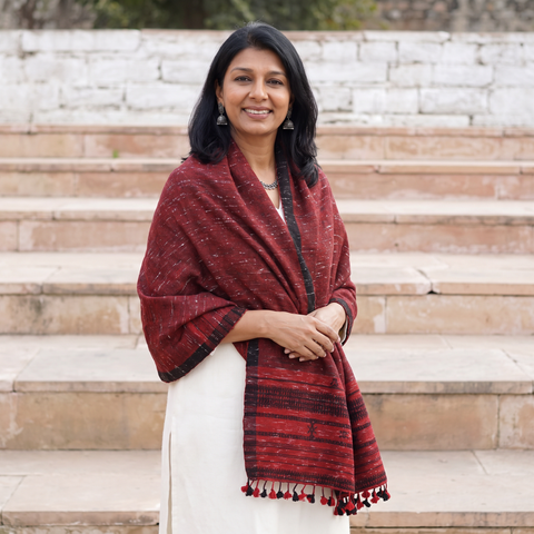 Maroon Kutch Bhujodi Handwoven Merino Wool Shawl, worn by a model, AI visual of the shawl, iTokri