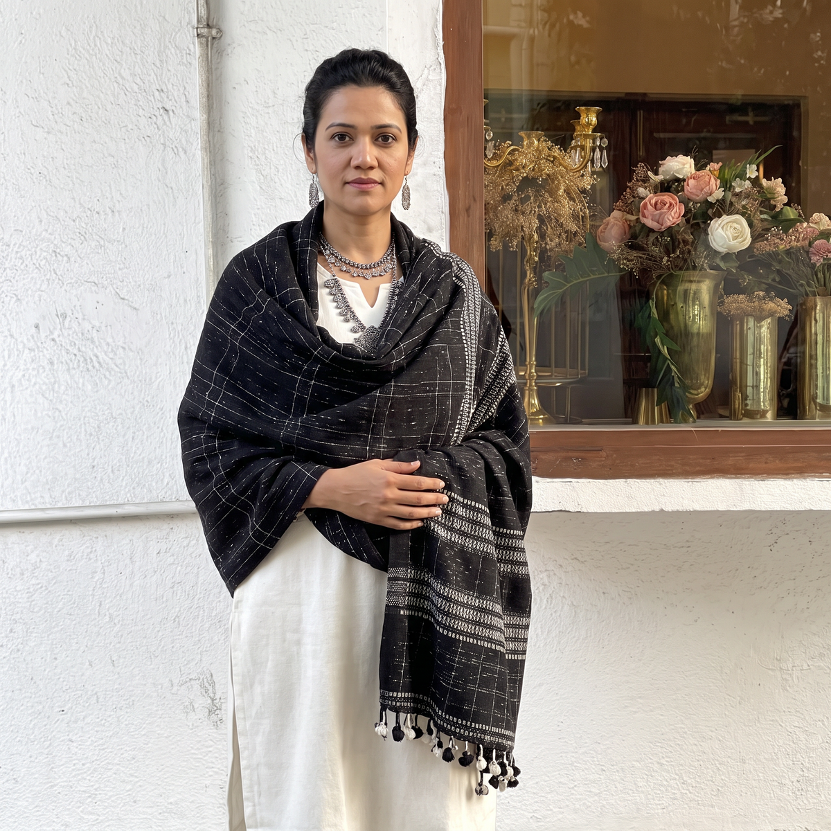 Black Kutch Bhujodi Handwoven Merino Wool Shawl, worn by a model, AI visual of the shawl, iTokri