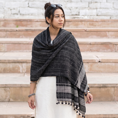 Black Kutch Bhujodi Handwoven Merino Wool Shawl, worn by a model, AI visual of the shawl, iTokri