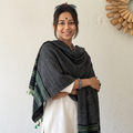 Grey Kutch Bhujodi Handwoven Merino Wool Shawl, worn by a model, AI visual of the shawl, iTokri