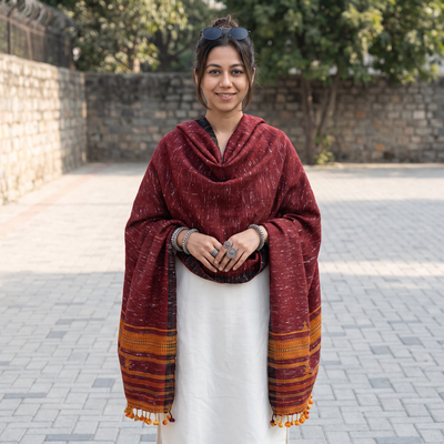 Maroon Kutch Bhujodi Handwoven Merino Wool Shawl, worn by a model, AI visual of the shawl, iTokri