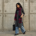 Black Kutch Bhujodi Handwoven Merino Wool Stole, worn by a woman, AI visual of the stole, iTokri