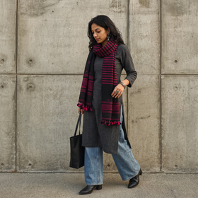Black Kutch Bhujodi Handwoven Merino Wool Stole, worn by a woman, AI visual of the stole, iTokri