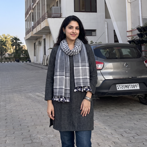 Blue Kutch Bhujodi Handwoven Merino Wool Stole, worn by a woman, AI visual of the stole, iTokri