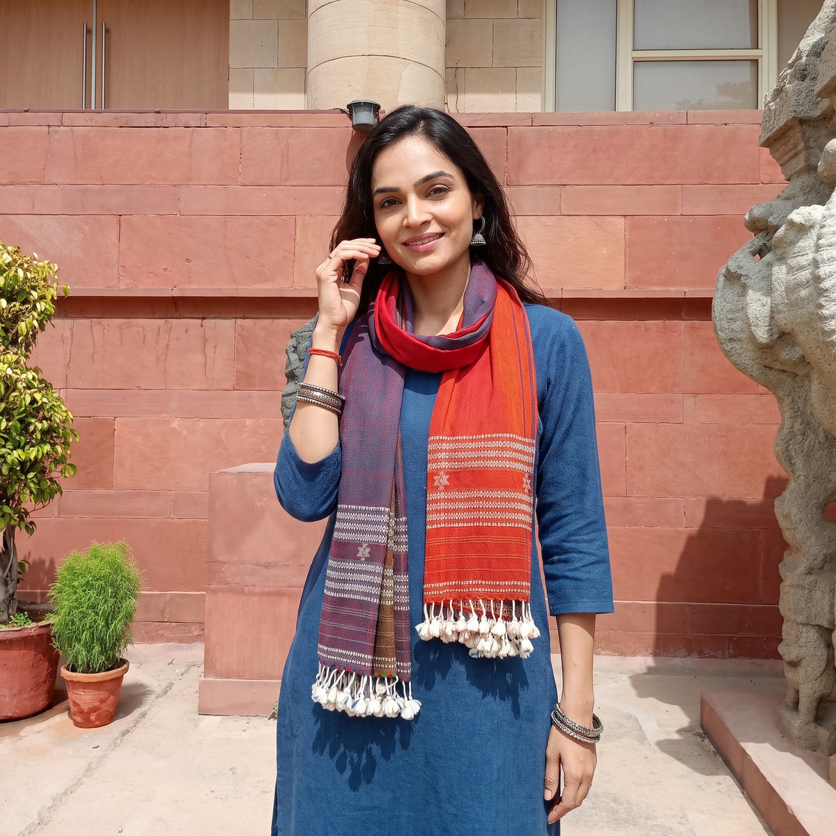 Multicolor Kutch Bhujodi Handwoven Merino Wool Stole, worn by a woman, AI visual of the stole, iTokri