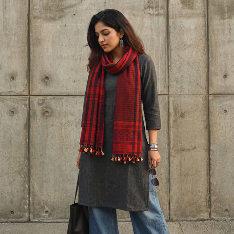 Red Kutch Bhujodi Handwoven Merino Wool Stole, worn by a woman, AI visual of the stole, iTokri