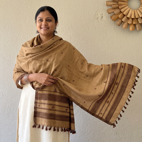 Beige Kutch Bhujodi Handwoven Mirror Work Acrylic Wool Shawl, worn by a model, AI visual of the shawl, iTokri