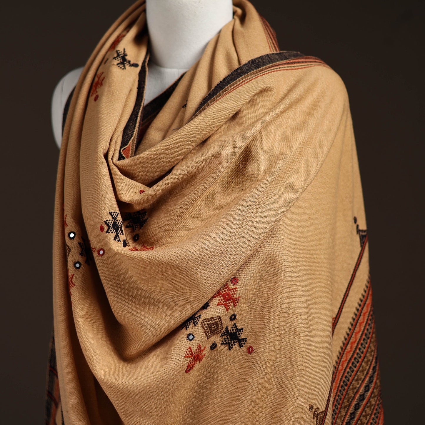 Kutch bhujodi handwoven mirror work acrylic wool shawl 29