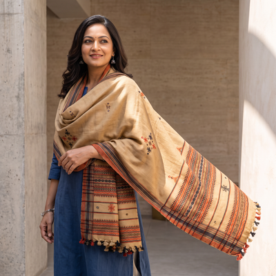 Beige Kutch Bhujodi Handwoven Mirror Work Acrylic Wool Shawl, worn by a model, AI visual of the shawl, iTokri