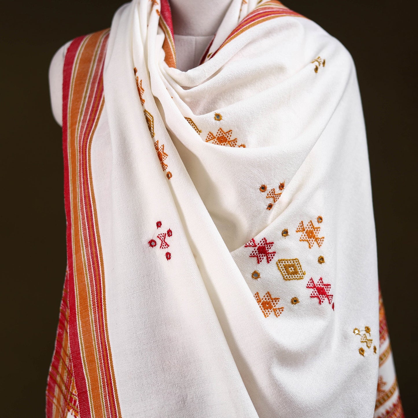 Kutch bhujodi handwoven mirror work acrylic wool shawl 46