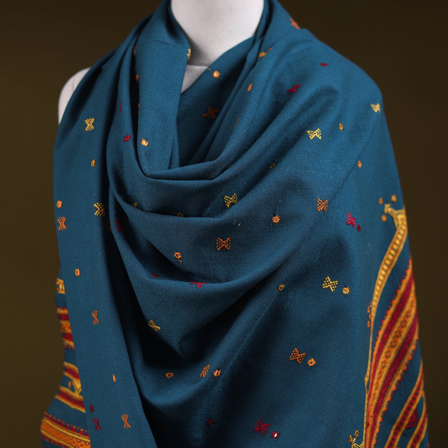 Kutch bhujodi handwoven mirror work acrylic wool shawl 98