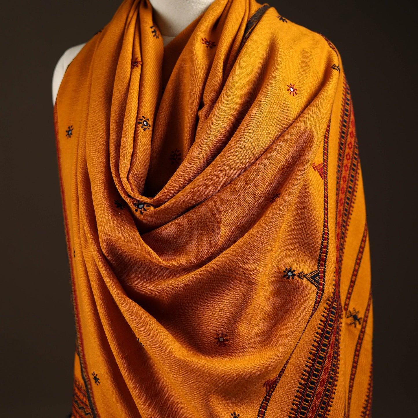 Kutch bhujodi handwoven mirror work wool shawl 09