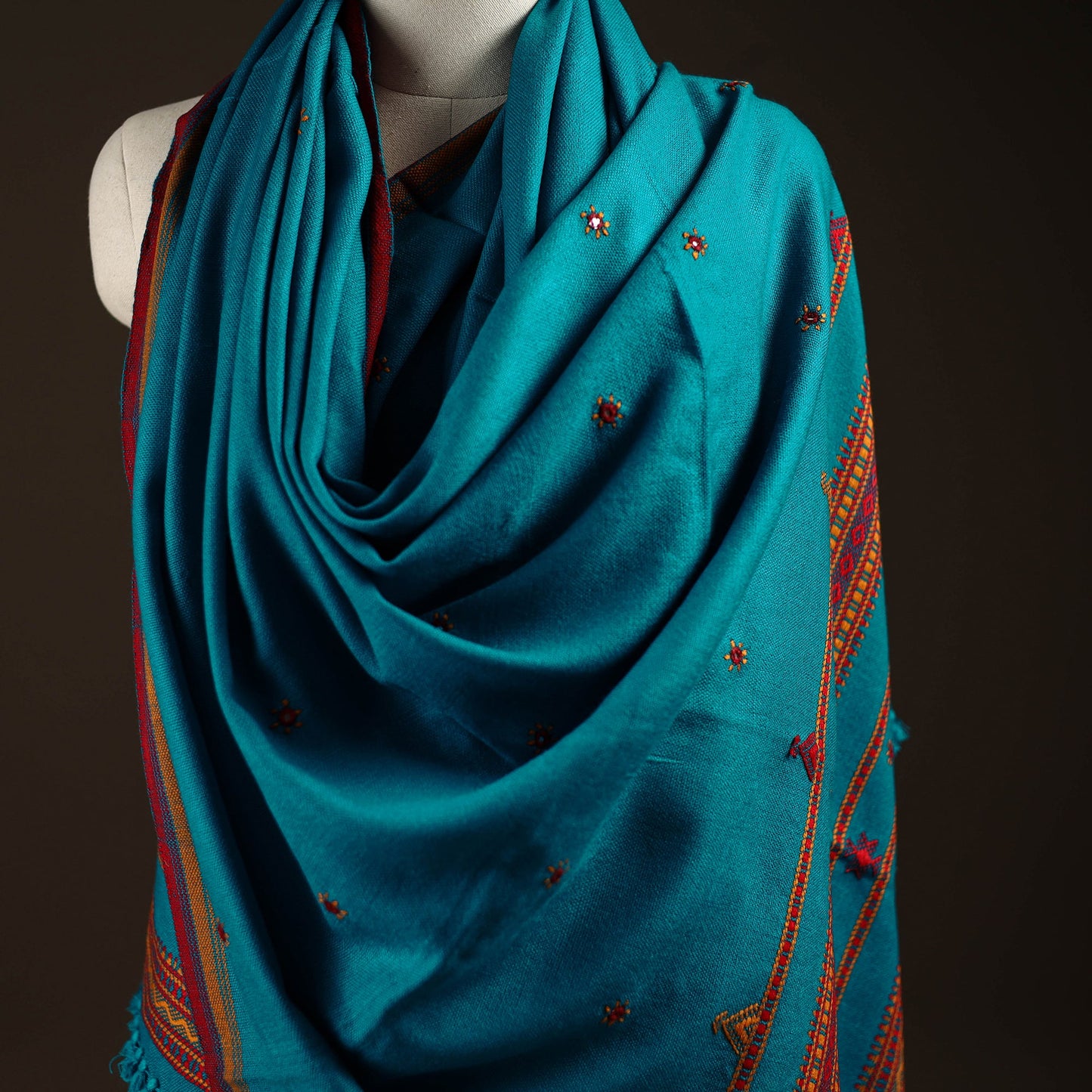 Kutch bhujodi handwoven mirror work wool shawl 22