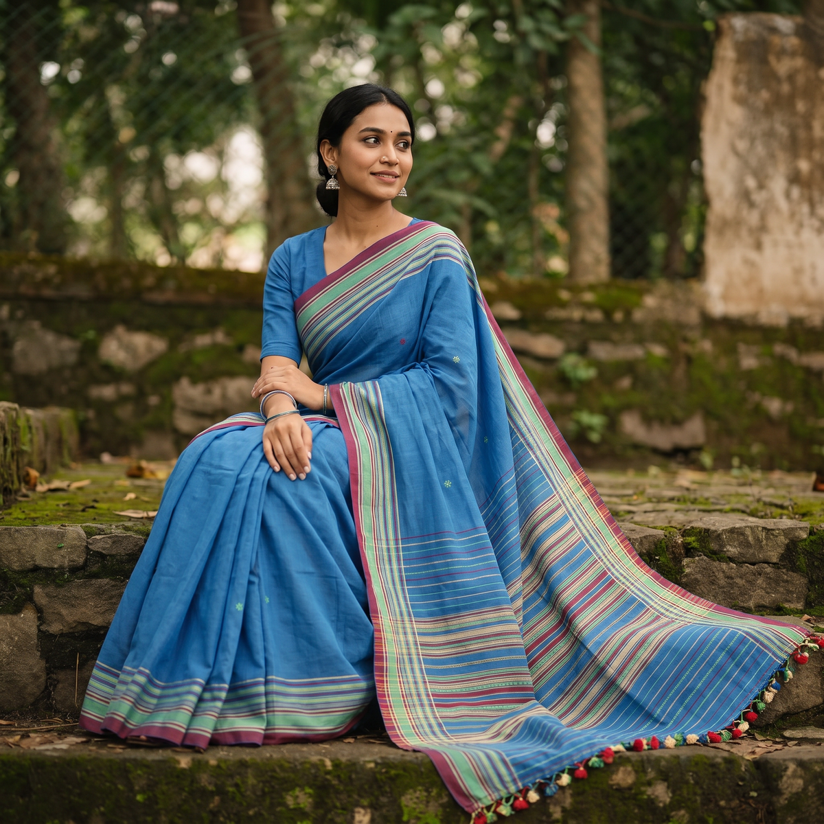 Blue Kutch Cotton Bhujodi Handloom Saree, draped and worn by a woman, AI visual of the saree, iTokri