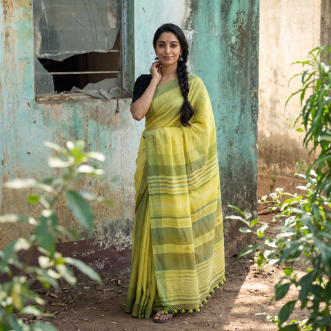 Yellow Kutch Cotton Bhujodi Handloom Saree, draped and worn by a woman, AI visual of the saree, iTokri