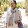 Grey Kutch Embroidery Handwoven Merino Woolen Stole, worn by a woman, AI visual of the stole, iTokri
