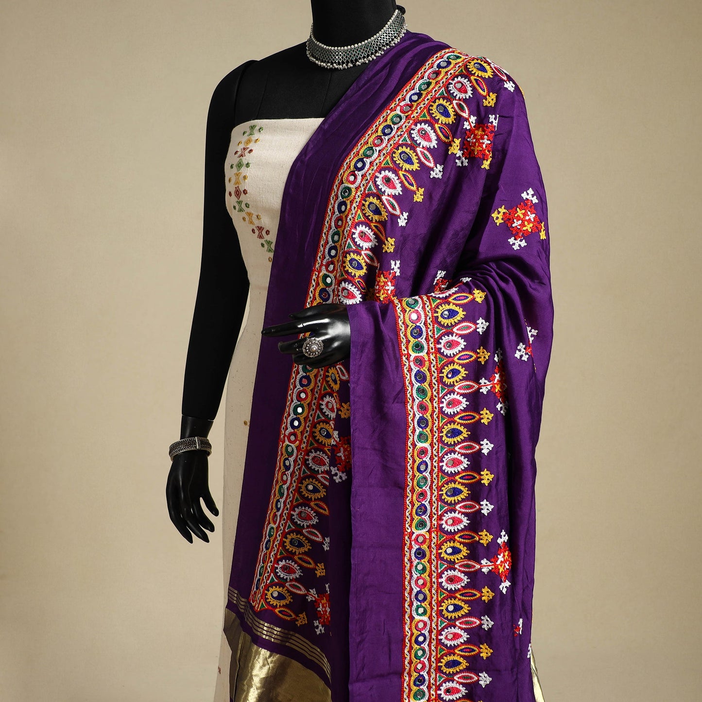 Kutch embroidery semi modal silk handloom dupatta
