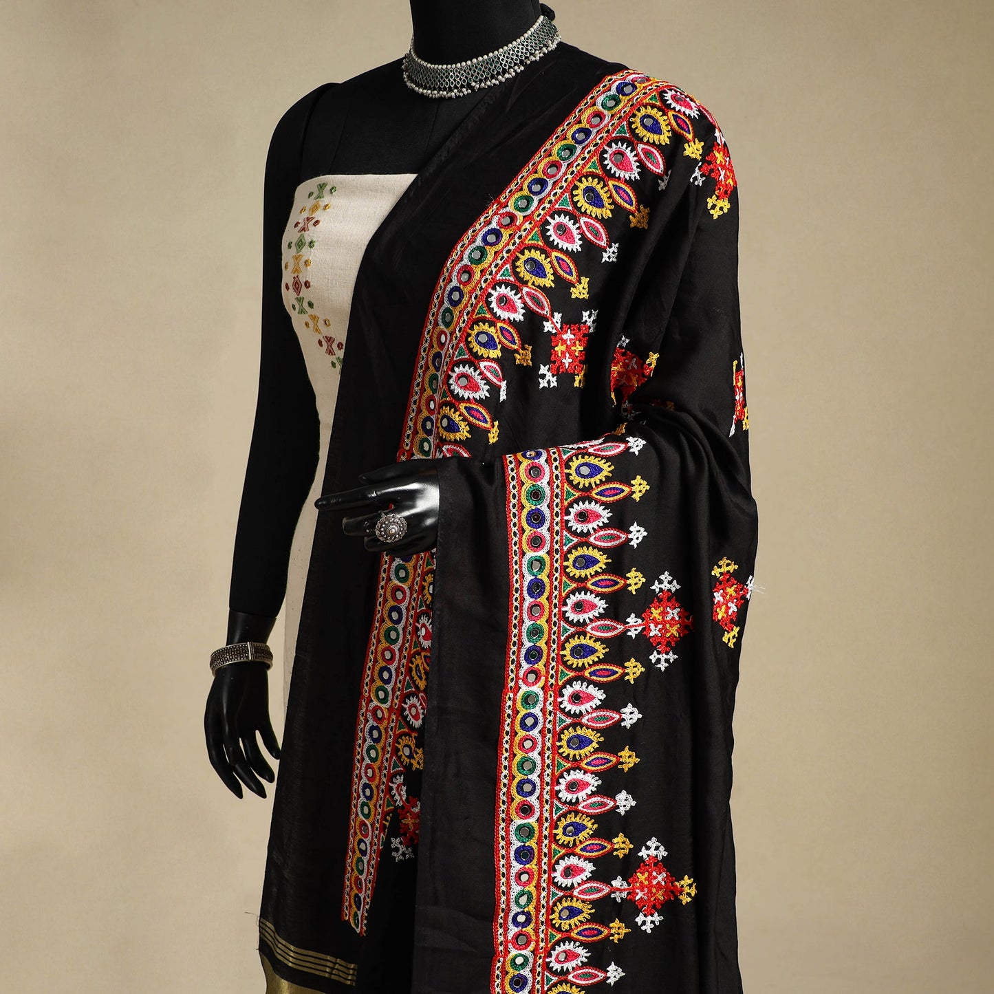 Kutch embroidery semi modal silk handloom dupatta