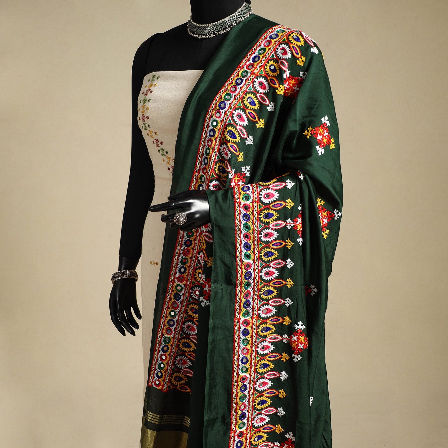 Kutch embroidery semi modal silk handloom dupatta