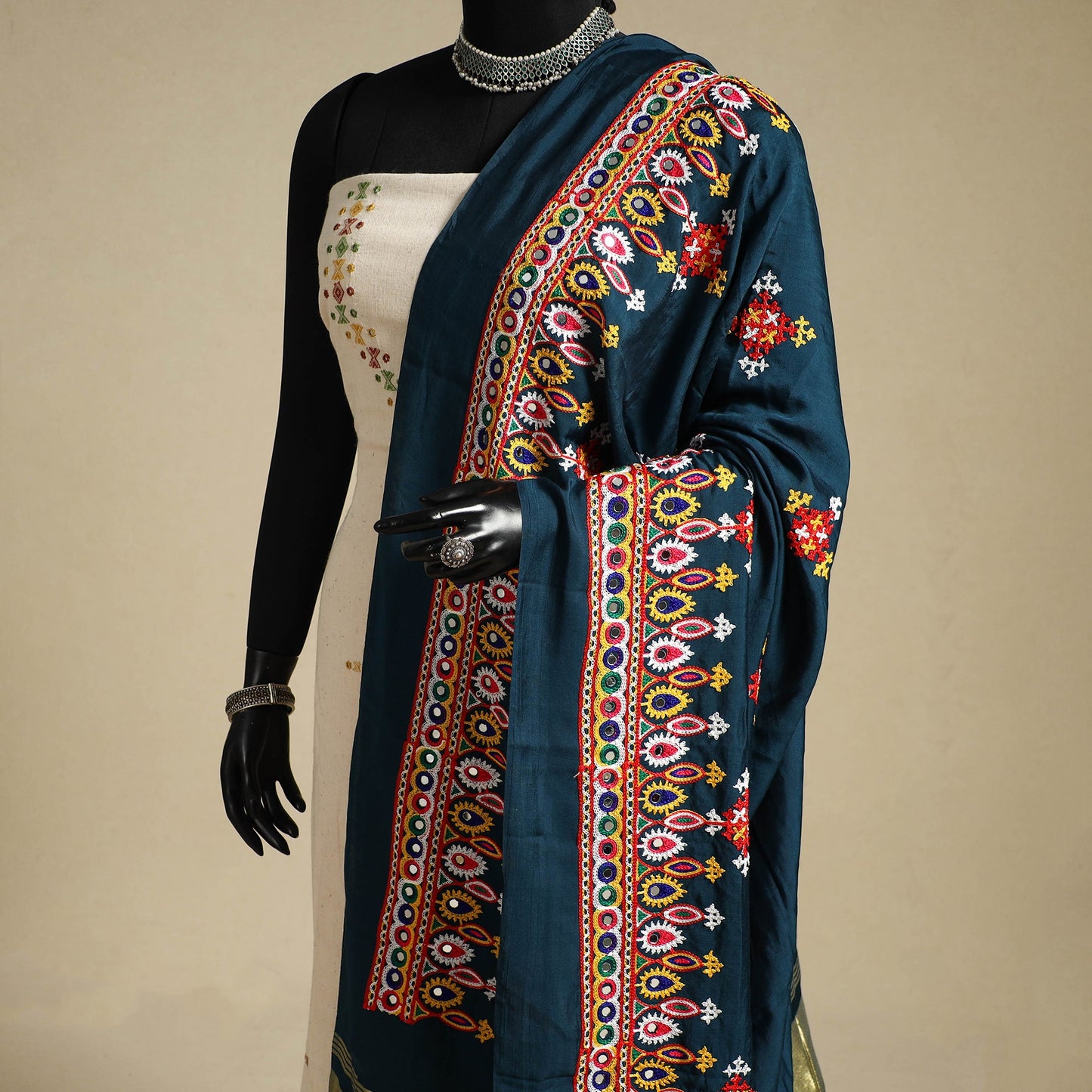 Kutch embroidery semi modal silk handloom dupatta