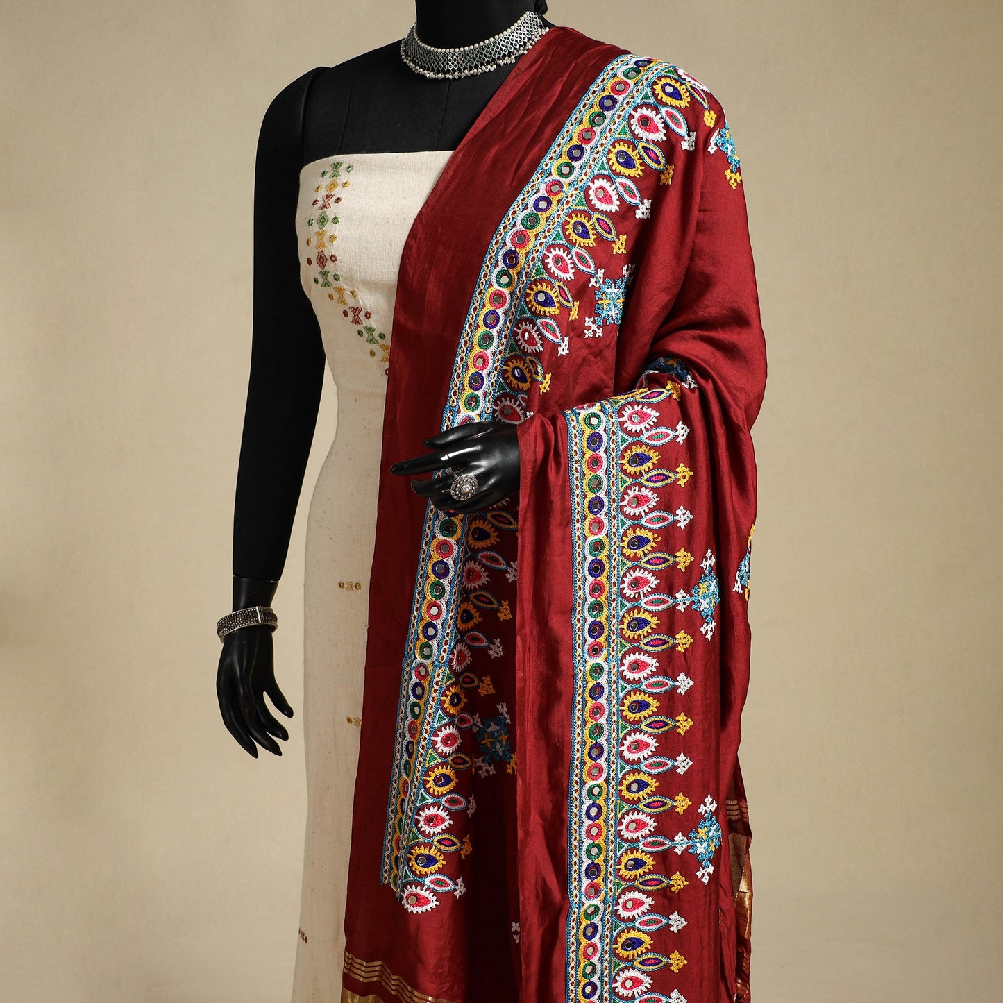Kutch embroidery semi modal silk handloom dupatta