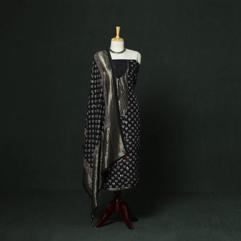 Kutch hand block ajrakh print natural dyed dola silk zari