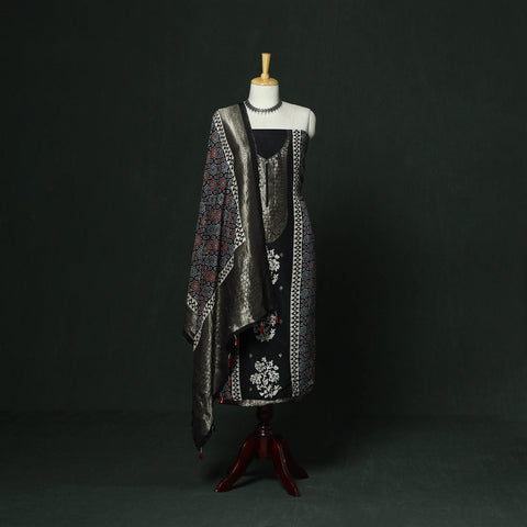 Kutch hand block ajrakh print natural dyed dola silk zari