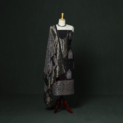 Kutch hand block ajrakh print natural dyed dola silk zari