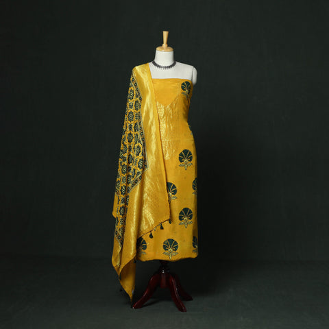 Kutch hand block ajrakh print natural dyed dola silk zari