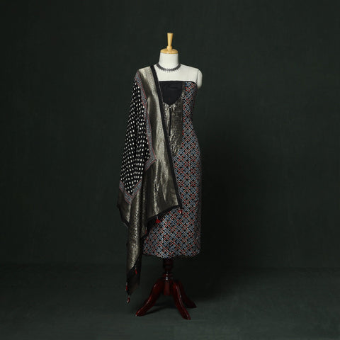 Kutch hand block ajrakh print natural dyed dola silk zari