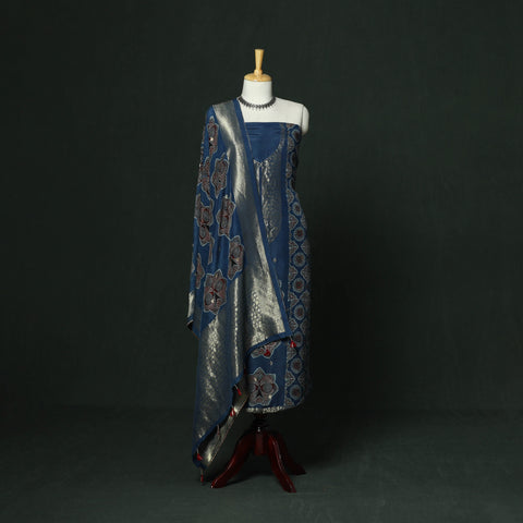 Kutch hand block ajrakh print natural dyed dola silk zari