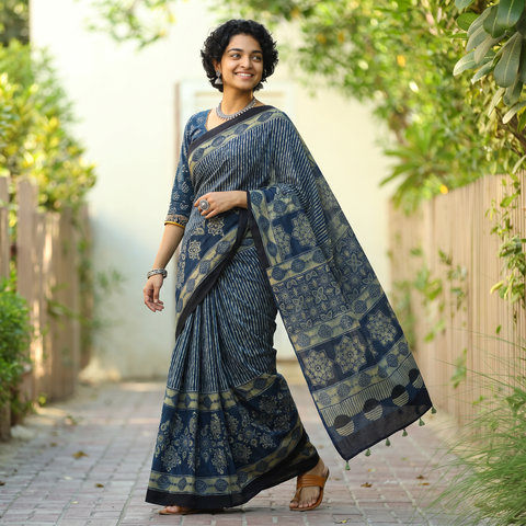 Blue Kutch Hand Block Print Natural Dyed Pure Mul Cotton Ajrakh Saree with Tassels, draped and worn by a woman, AI visual of the saree, iTokri