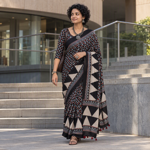 Black Kutch Hand Block Print Natural Dyed Pure Mul Cotton Ajrakh Saree with Tassels, draped and worn by a woman, AI visual of the saree, iTokri