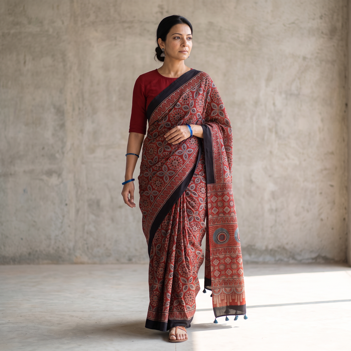 Red Kutch Hand Block Print Natural Dyed Pure Mul Cotton Ajrakh Saree with Tassels, draped and worn by a woman, AI visual of the saree, iTokri