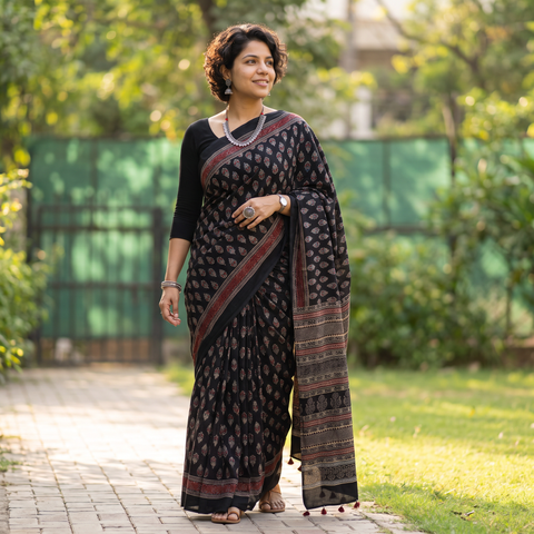 Black Kutch Hand Block Print Natural Dyed Pure Mul Cotton Ajrakh Saree with Tassels, draped and worn by a woman, AI visual of the saree, iTokri